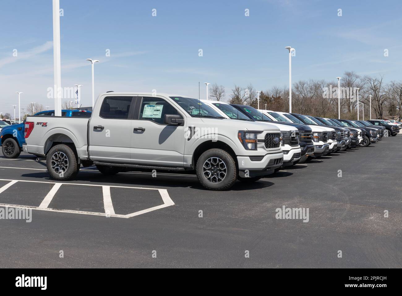 Plainfield Circa April 2023 Ford F150 display at a dealership. The