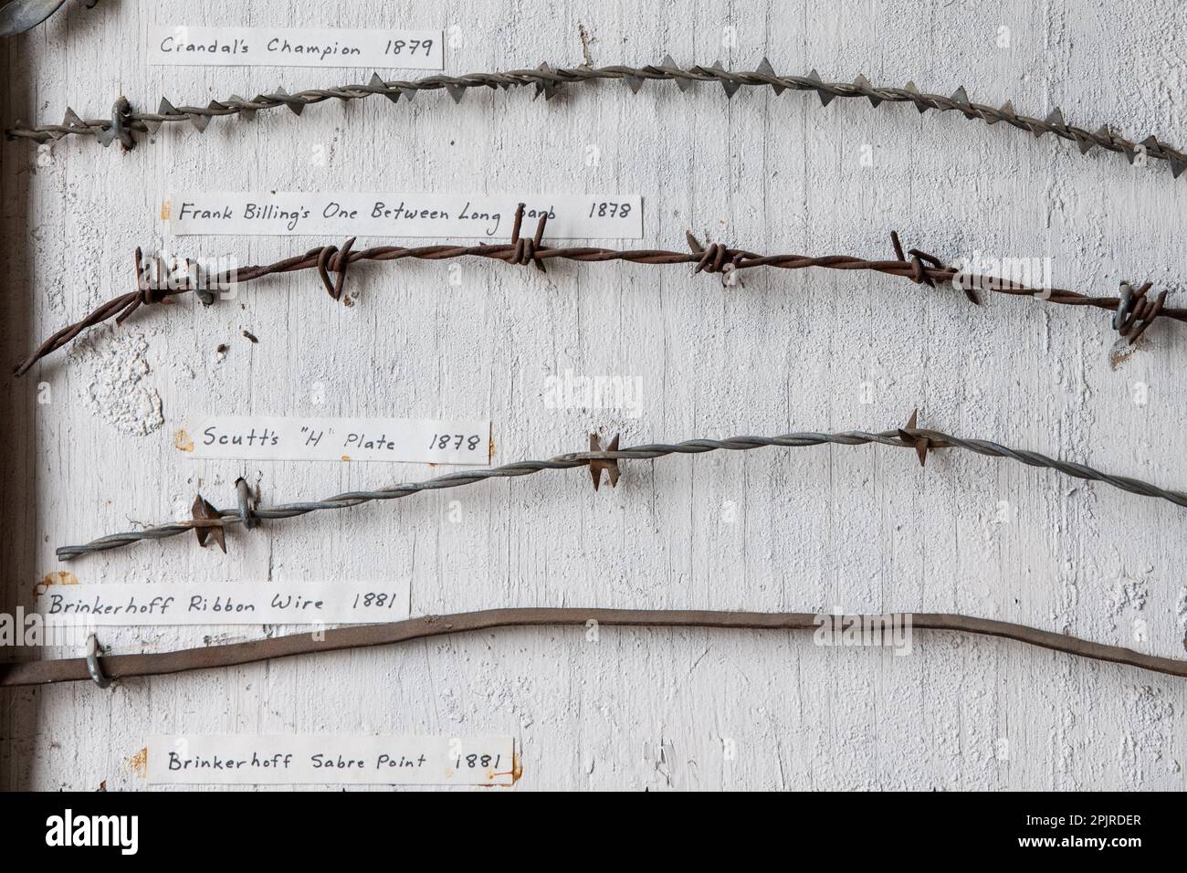 A mounted display of different antique barbed wire fencing varieties that were used in the American West and California in the 1800s. Stock Photo