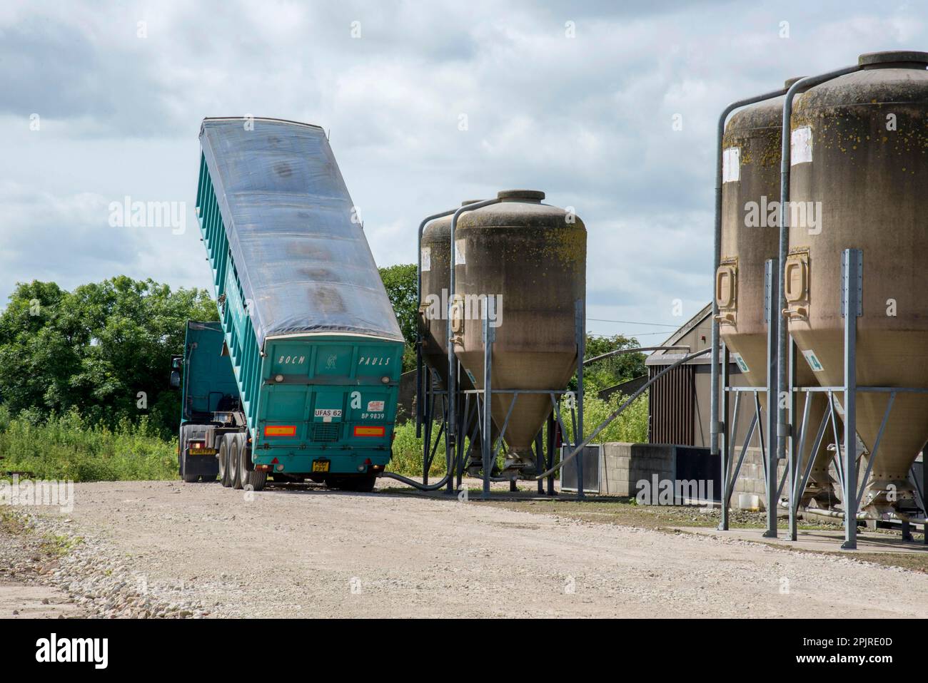 Pig farming, BOCM Pauls lorry delivering feed to storage bins on pig
