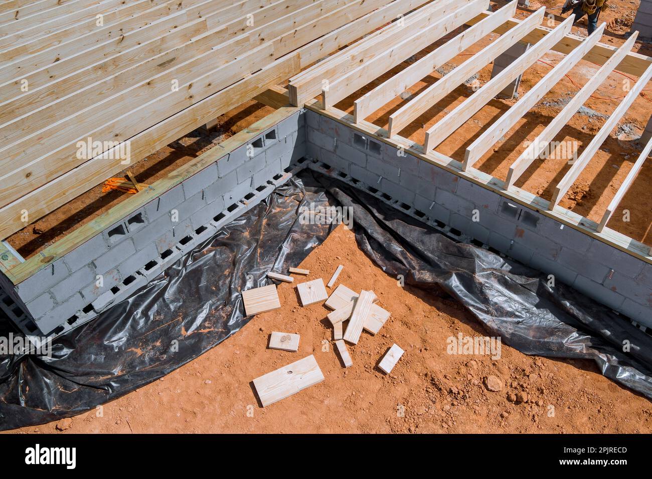 New constructed flooring joists layout for wooden deck patio at new custom home Stock Photo Alamy