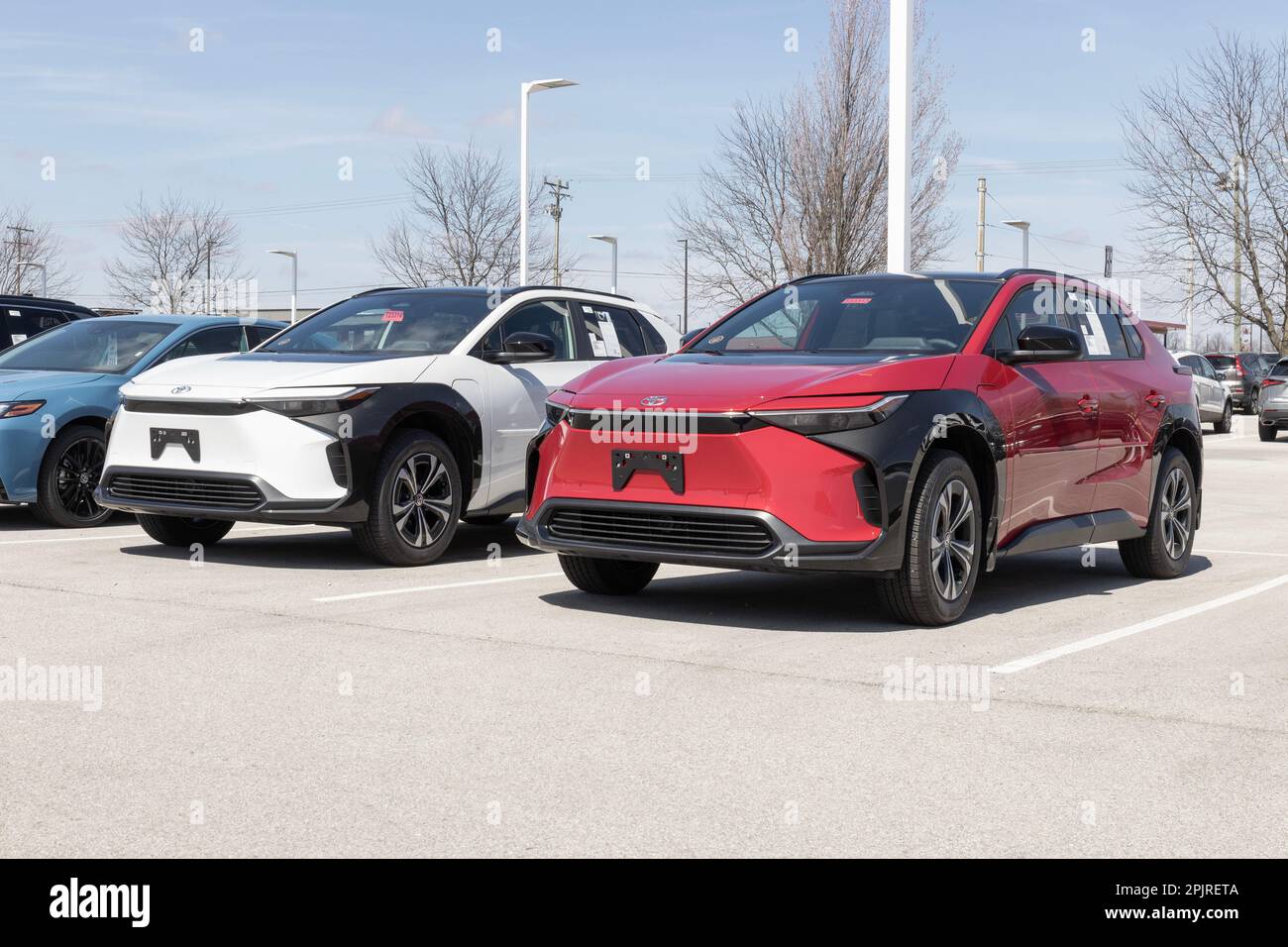 Avon Circa April 2023 Toyota bZ4X EV Electric Vehicle display at a dealership. Toyota offers