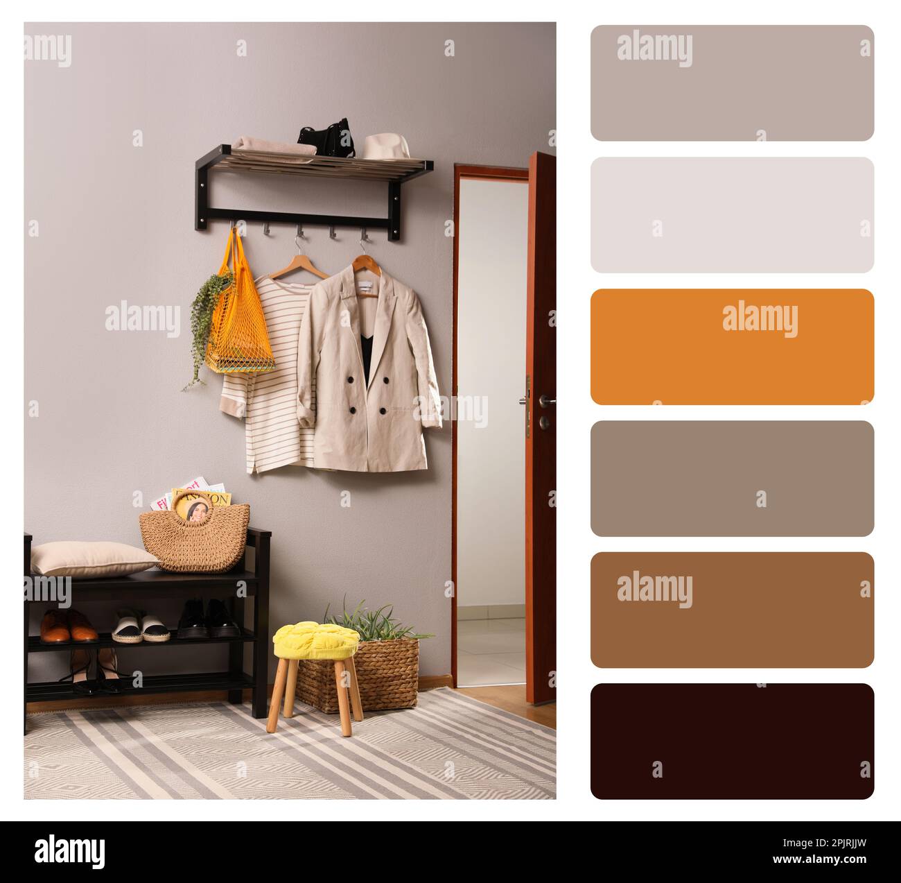 Color palette and photo of hallway interior. Collage Stock Photo
