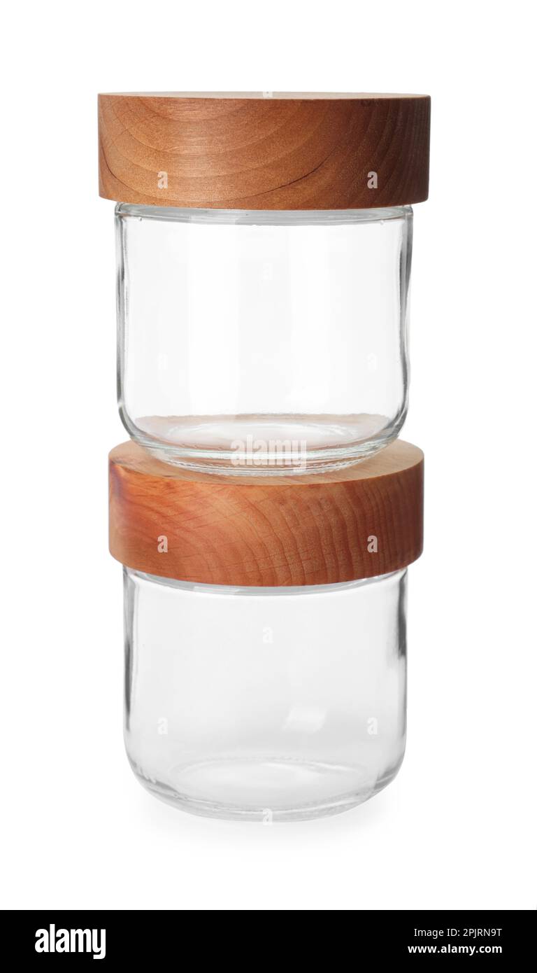 Two empty glass jars with wooden lids isolated on white Stock Photo Alamy