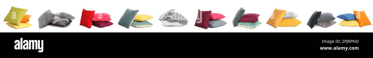 Set with different stylish decorative pillows on white background. Banner design Stock Photo