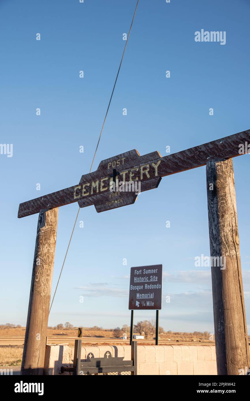 Tall wooden gate posts mark the entrance to the Old Fort Sumner Cemetery where the legendary Billy the Kid is buried, Fort Sumner, New Mexico, USA. Stock Photo