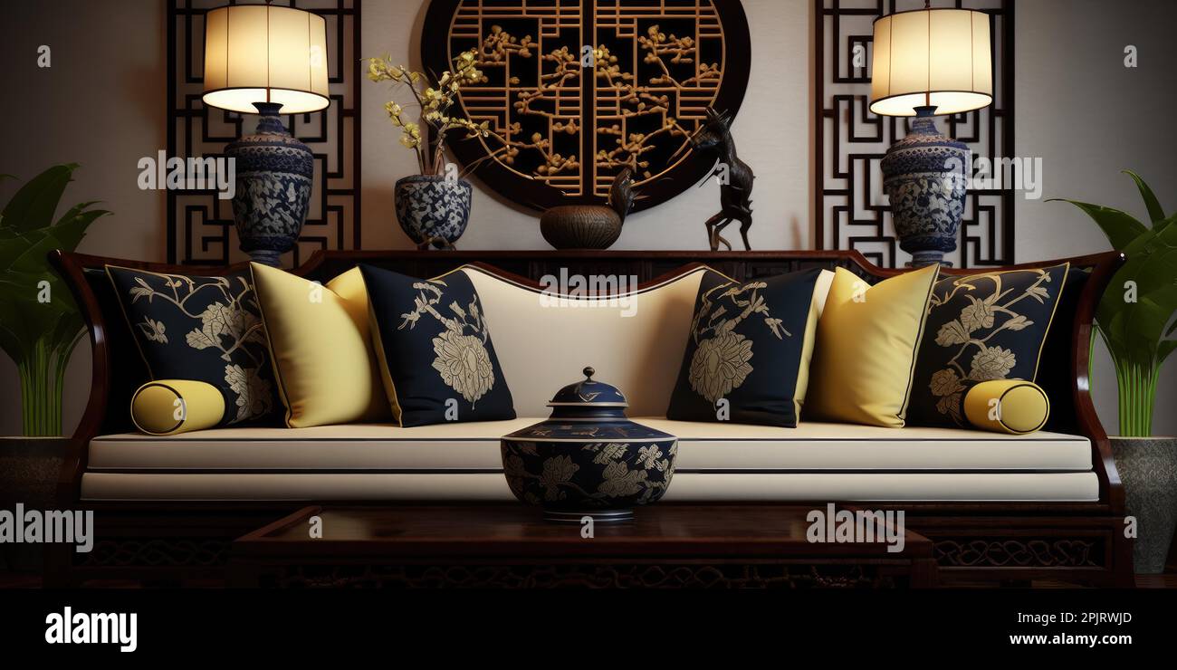 Asian inspired modern living room interior. superlative generative AI