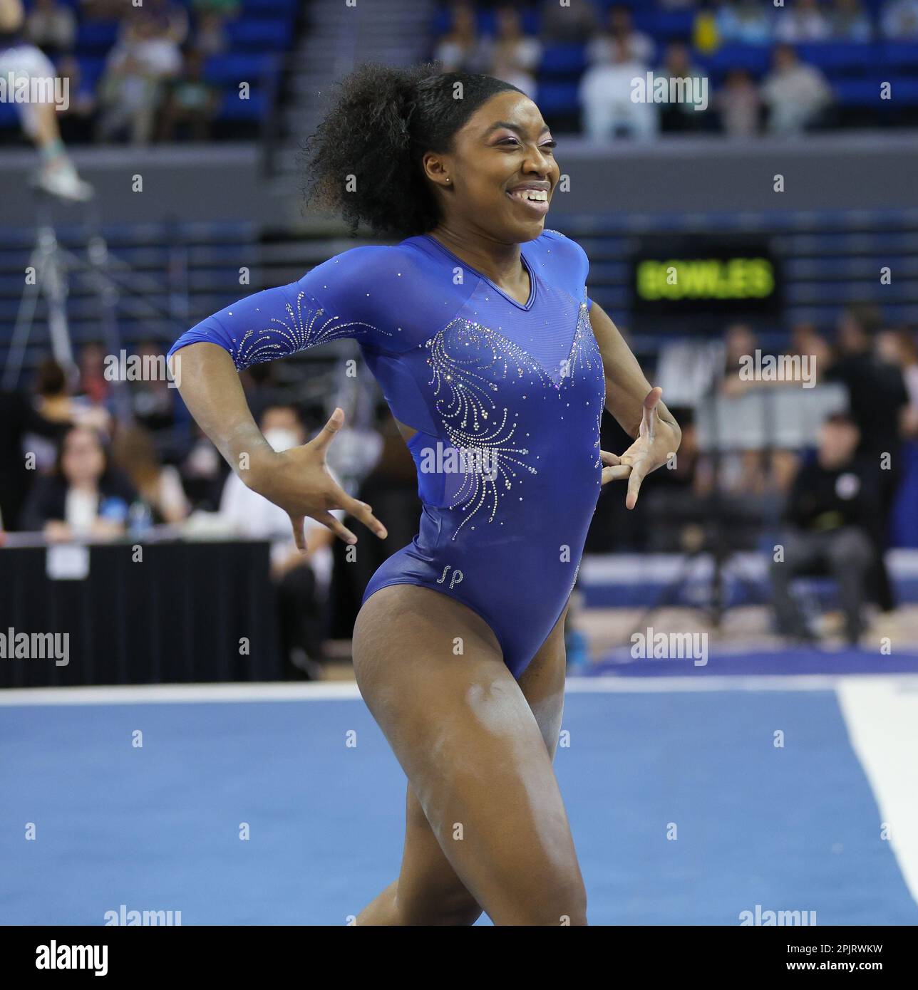 Los Angeles, OK, USA. 1st Apr, 2023. UCLA's Chae Campbell performs her floor routine during the Finals of the NCAA Women's Gymnastics Los Angeles Regional at Pauley Pavilion in Los Angeles, OK. Kyle Okita/CSM/Alamy Live News Stock Photo