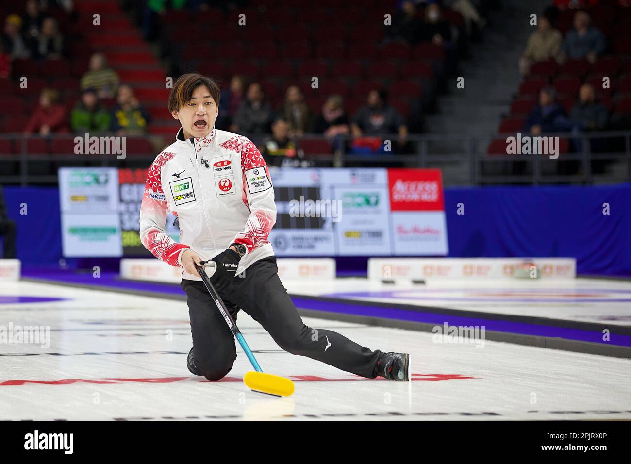 Riku Yanagisawa yells instructions to his team during the 2023 World Mens Curling Championship in Ottawa, Ontario, Canada on April 3, 2023