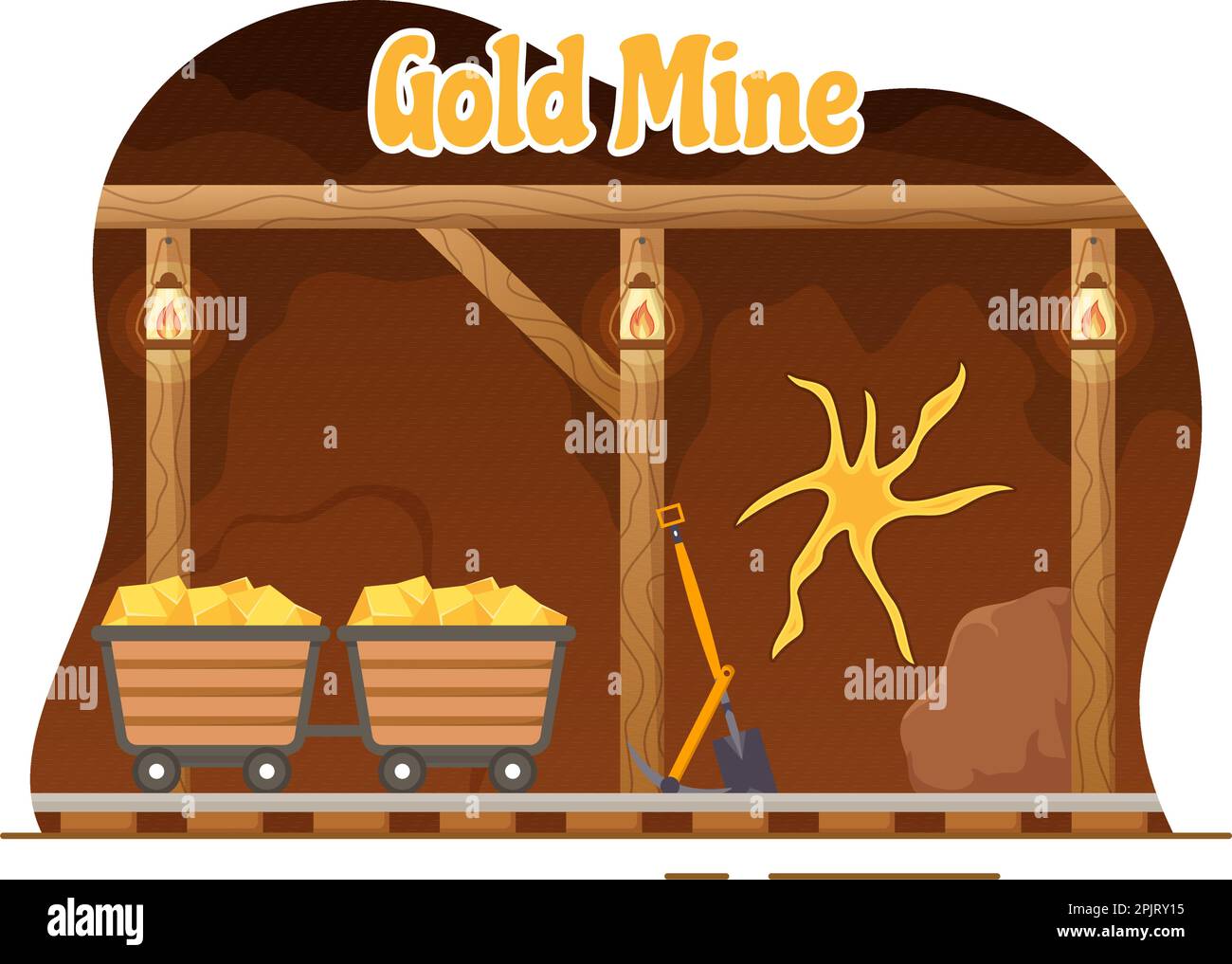 Gold Mine Illustration with Mining Industry Activity for Treasure, Pile of Coins, Jewelry and Gem in Flat Cartoon Hand Drawn Landing Page Templates Stock Vector