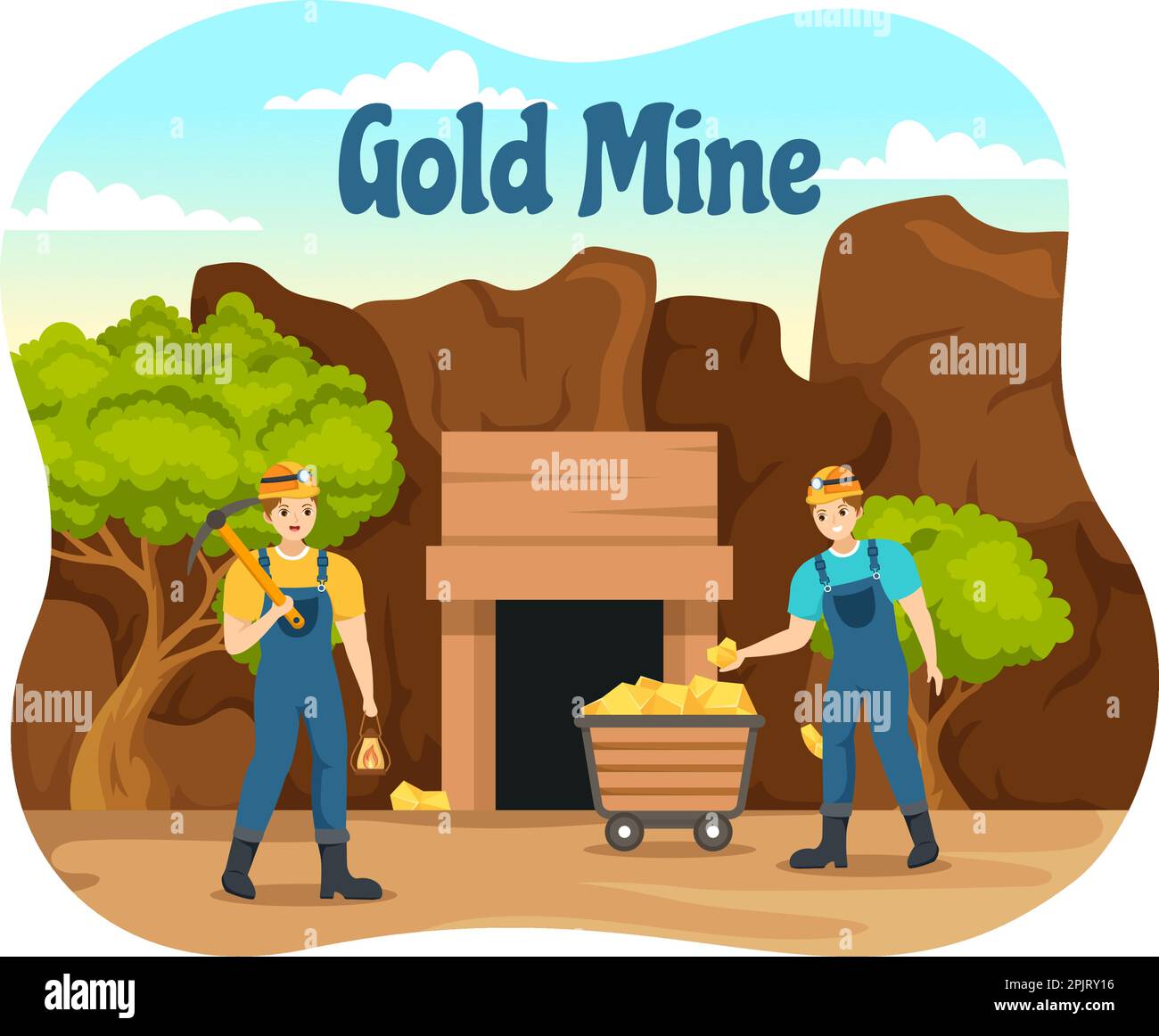 Gold Mine Illustration with Mining Industry Activity for Treasure, Pile of Coins, Jewelry and Gem in Flat Cartoon Hand Drawn Landing Page Templates Stock Vector