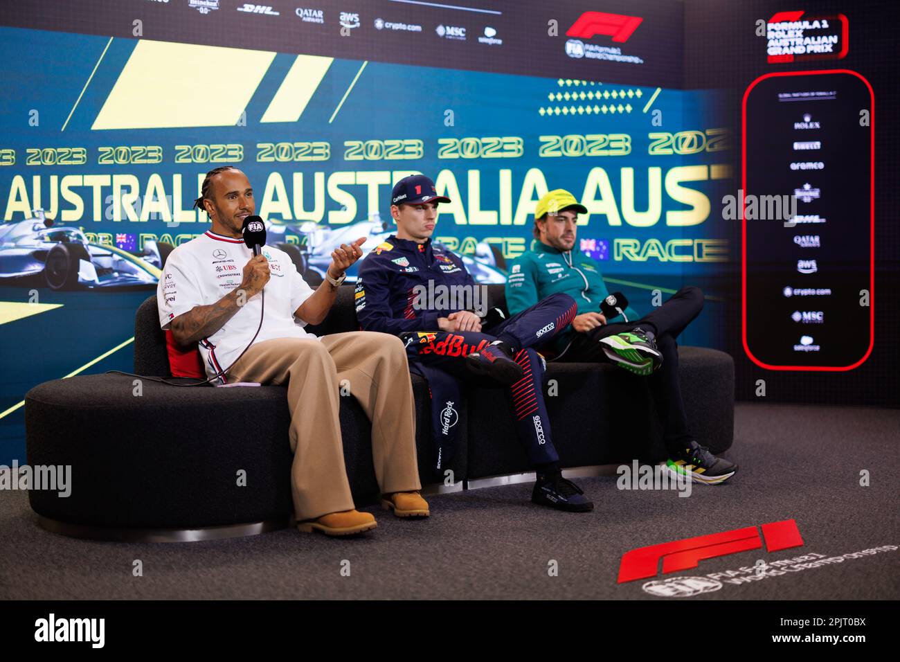 MELBOURNE, Australia, 2. APRIL 2023; press conference after the race, (L-R)  #44, Lewis HAMILTON, GBR, Mercedes AMG F1 Team, race winner #1, Max  VERSTAPPEN, NDL, Oracle Red Bull Racing and #14, Fernando