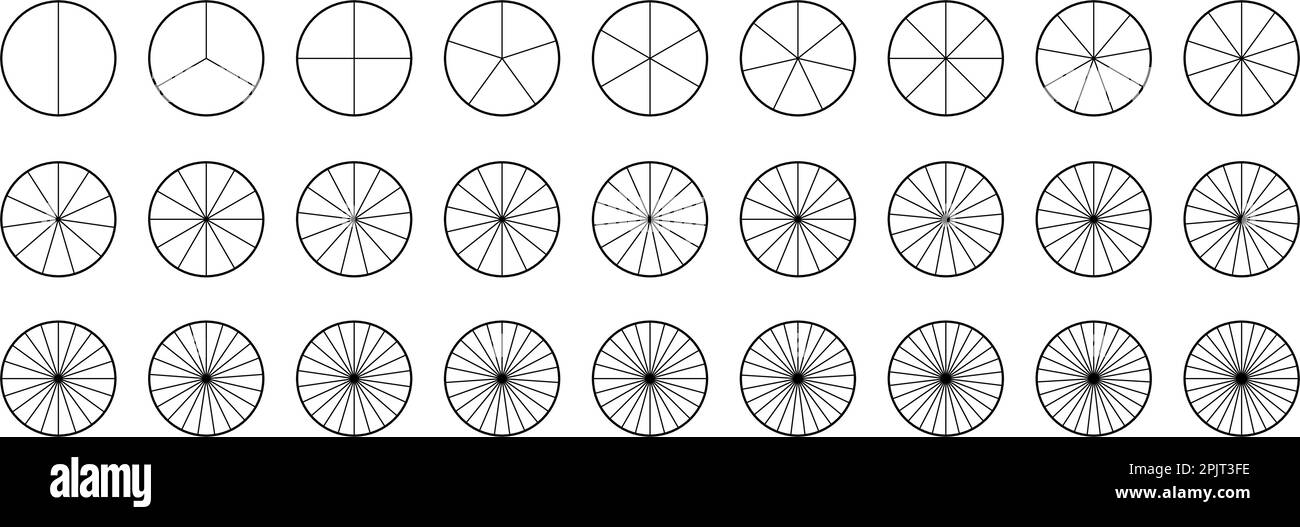 Circle segments collection. Pie diagrams set. Round sections and slices pack. From 2 to 28 segments of infographic charts. Different phases and stages of cycle. Vector  Stock Vector