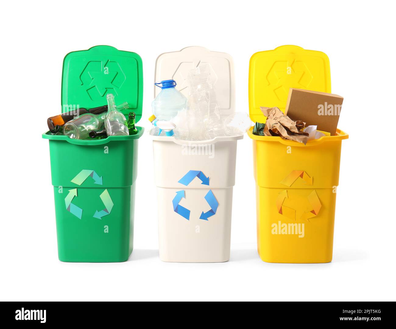 Containers with different types of garbage isolated on white. Recycling concept Stock Photo Alamy