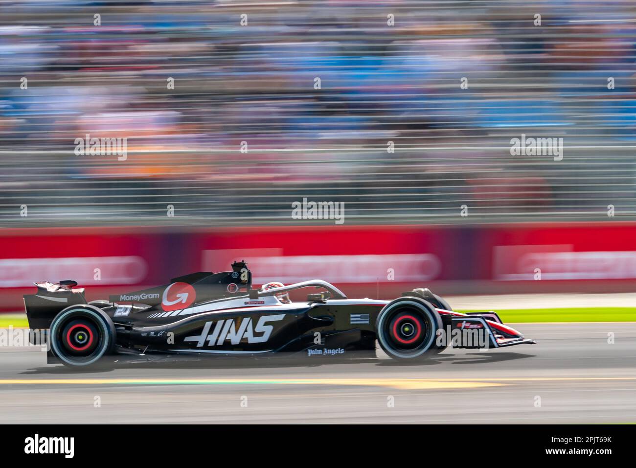 Melbourne, Australia. 31st March 2023. Formula 1 driver Kevin Magnussen (Haas #20) goes through the back straight chicane during the first free practice session. Credit: James Forrester/Alamy Live News Stock Photo