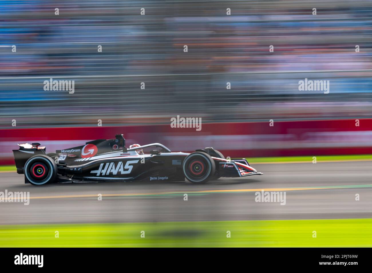 Melbourne, Australia. 31st March 2023. Formula 1 driver Kevin Magnussen (Haas #20) goes through the back straight chicane during the first free practice session. Credit: James Forrester/Alamy Live News Stock Photo