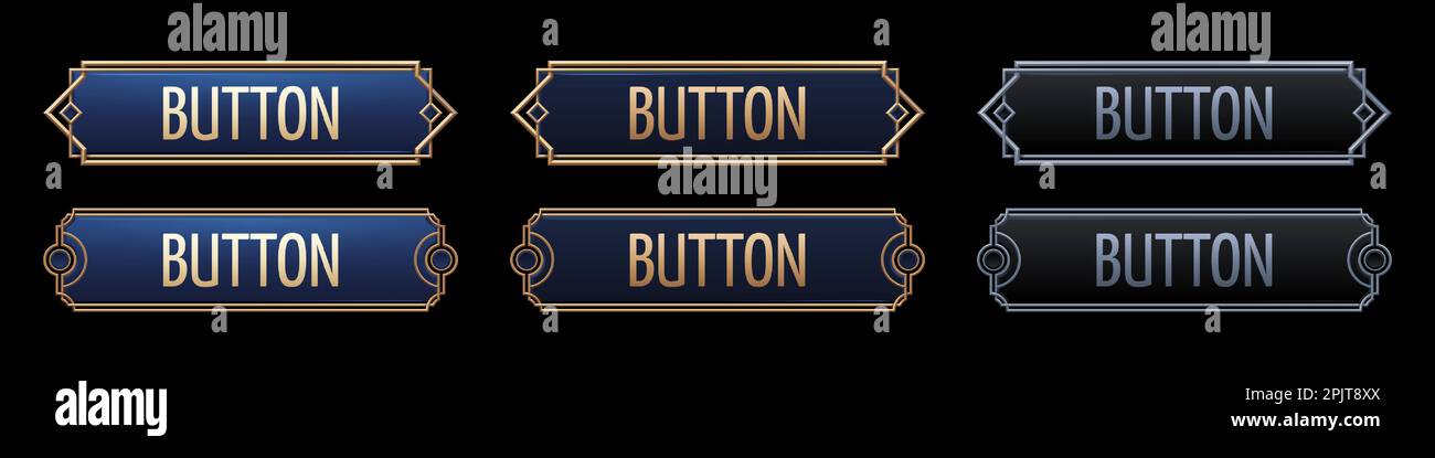 Set of art deco buttons isolated on black background. Realistic vector