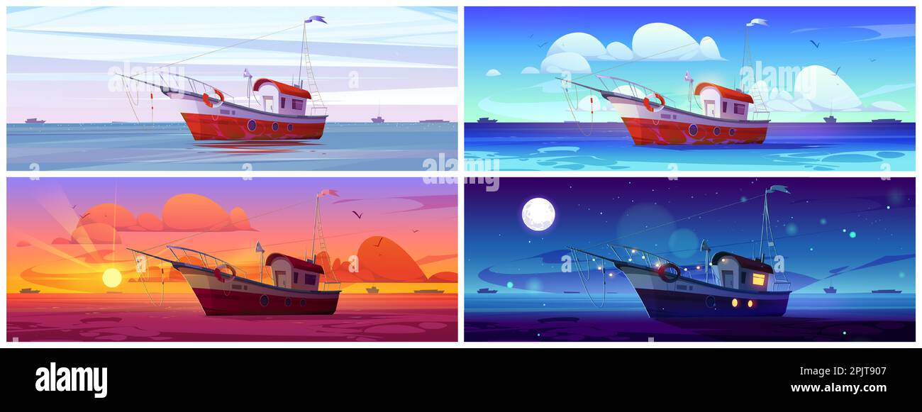 Fish trawler boat in sea vector marine background. Commercial fishery ship with lifebuoy in ocean water cartoon vector illustration. Adventure game for catching fish, day and night, morning and sunset Stock Vector