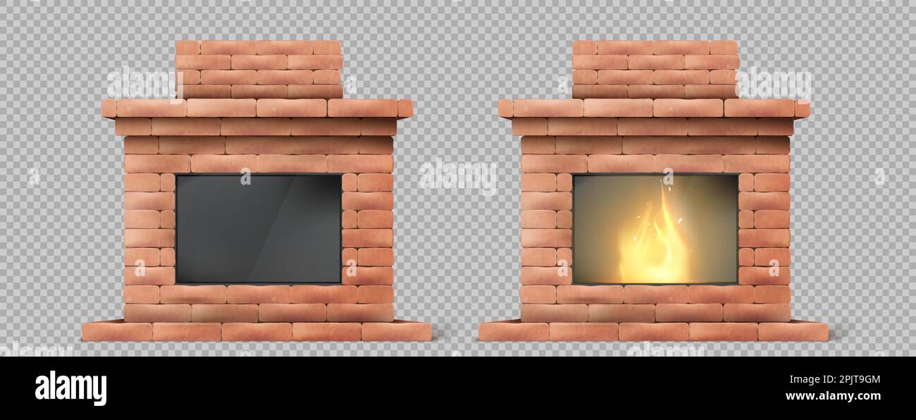 Realistic fireplace with fire isolated on transparent background. Vector illustration of flame burning in brick furnace with chimney. Traditional home heating equipment. Interior design element Stock Vector