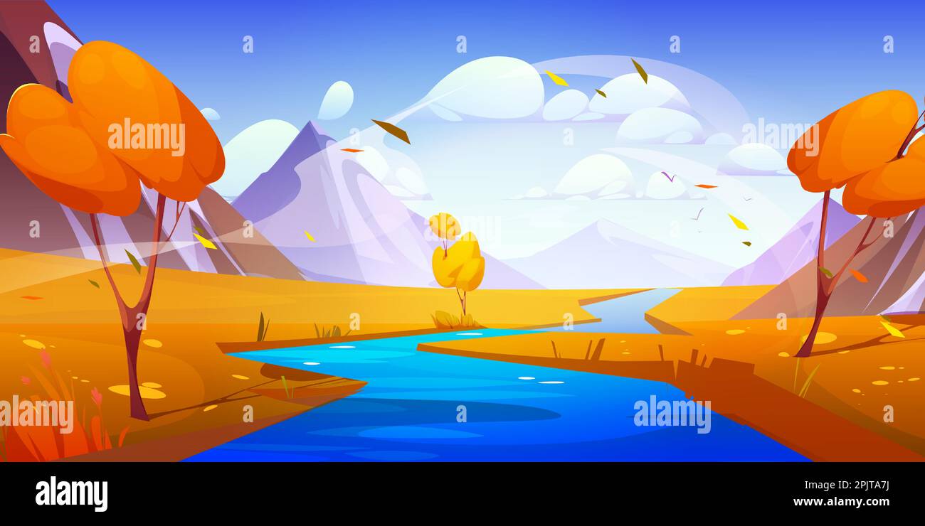 River water stream and mountain autumn landscape illustration. Beautiful vector cartoon outdoor nature scenery. Himalaya orange valley, wind flow and falling leaves design. Fall breeze on riverside Stock Vector