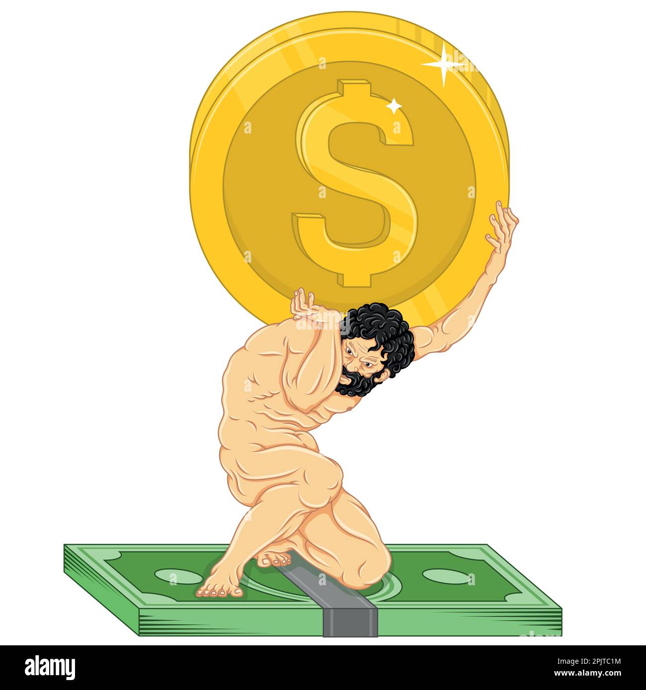 Vector design of Titan Atlas holding a dollar coin on his shoulders, Greek mythology titan with cash Stock Vector