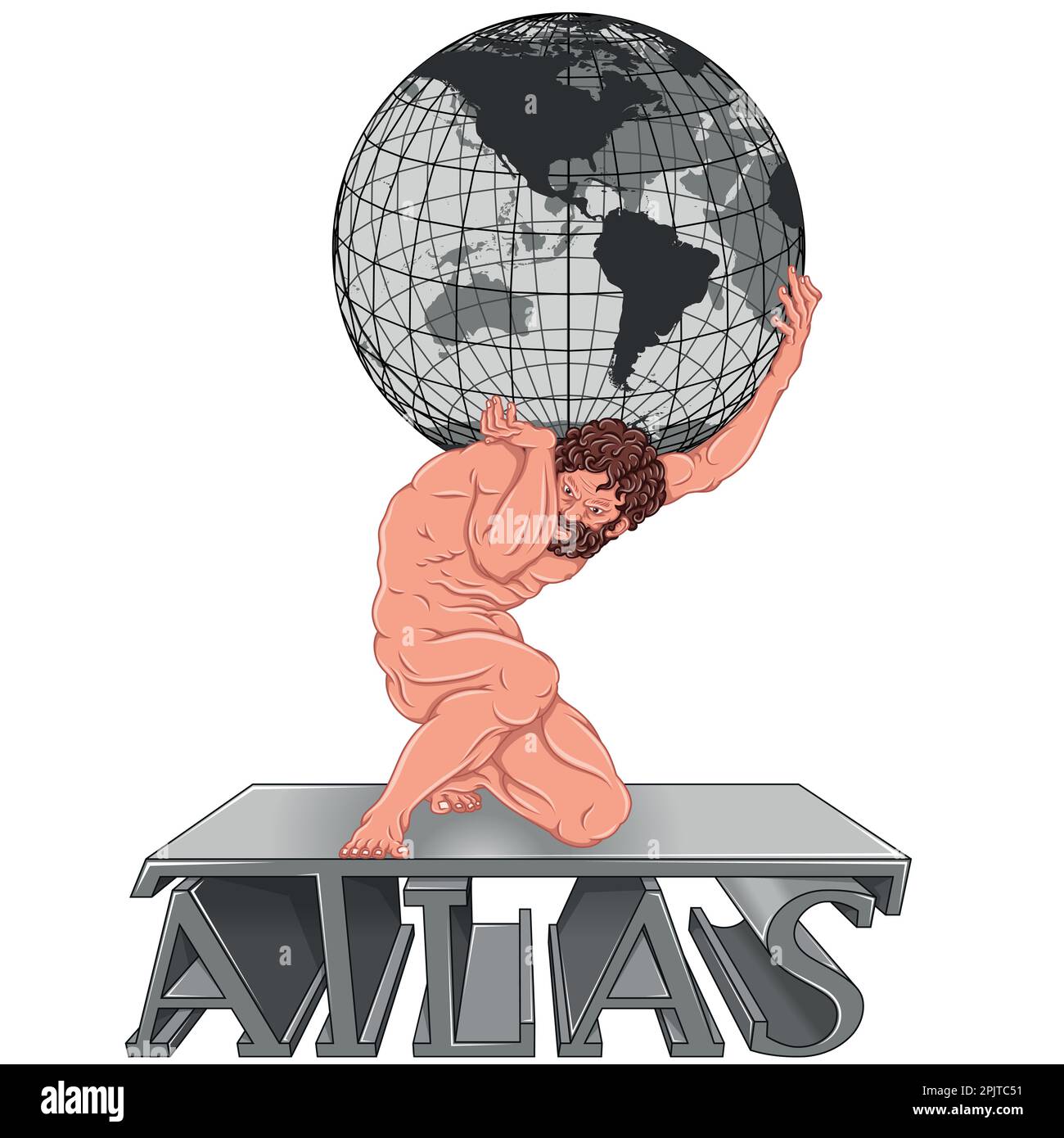 Vector design of the titan Atlas holding the planet earth on his shoulders, titan from Greek mythology holding the earth sphere Stock Vector