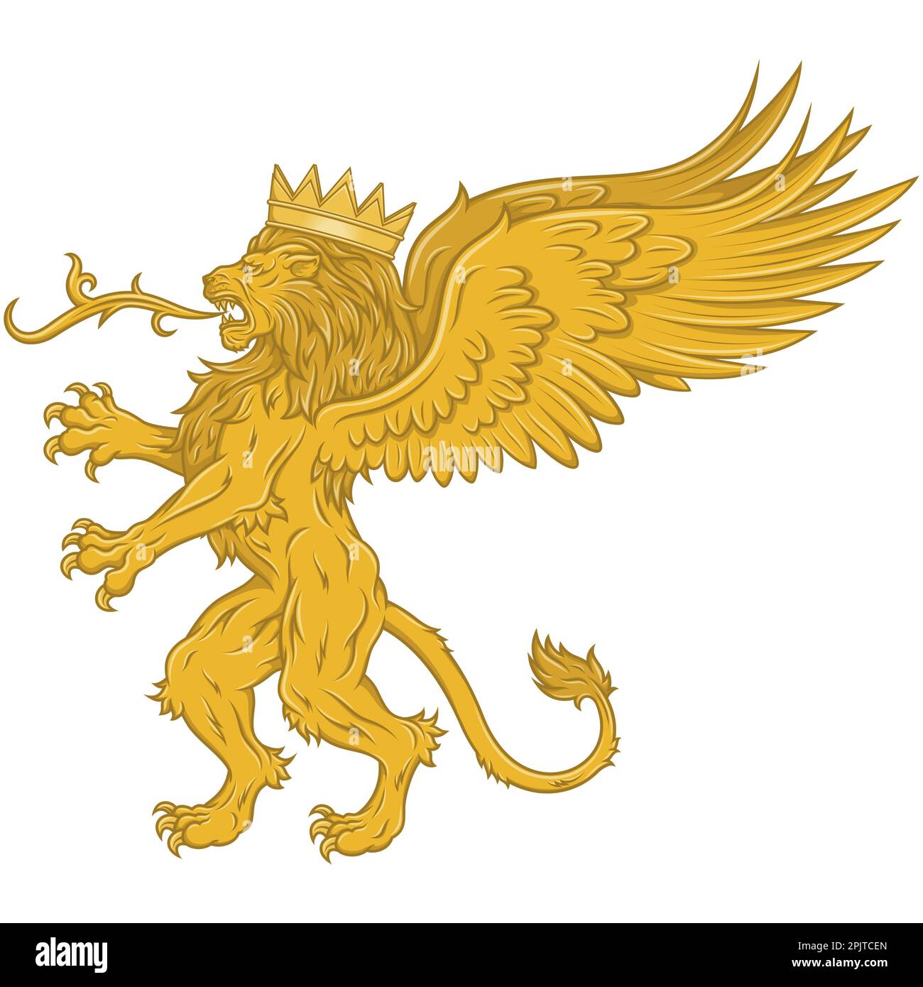 Vector design of winged rampant lion with crown, heraldic lion with wings, winged fantasy creature Stock Vector