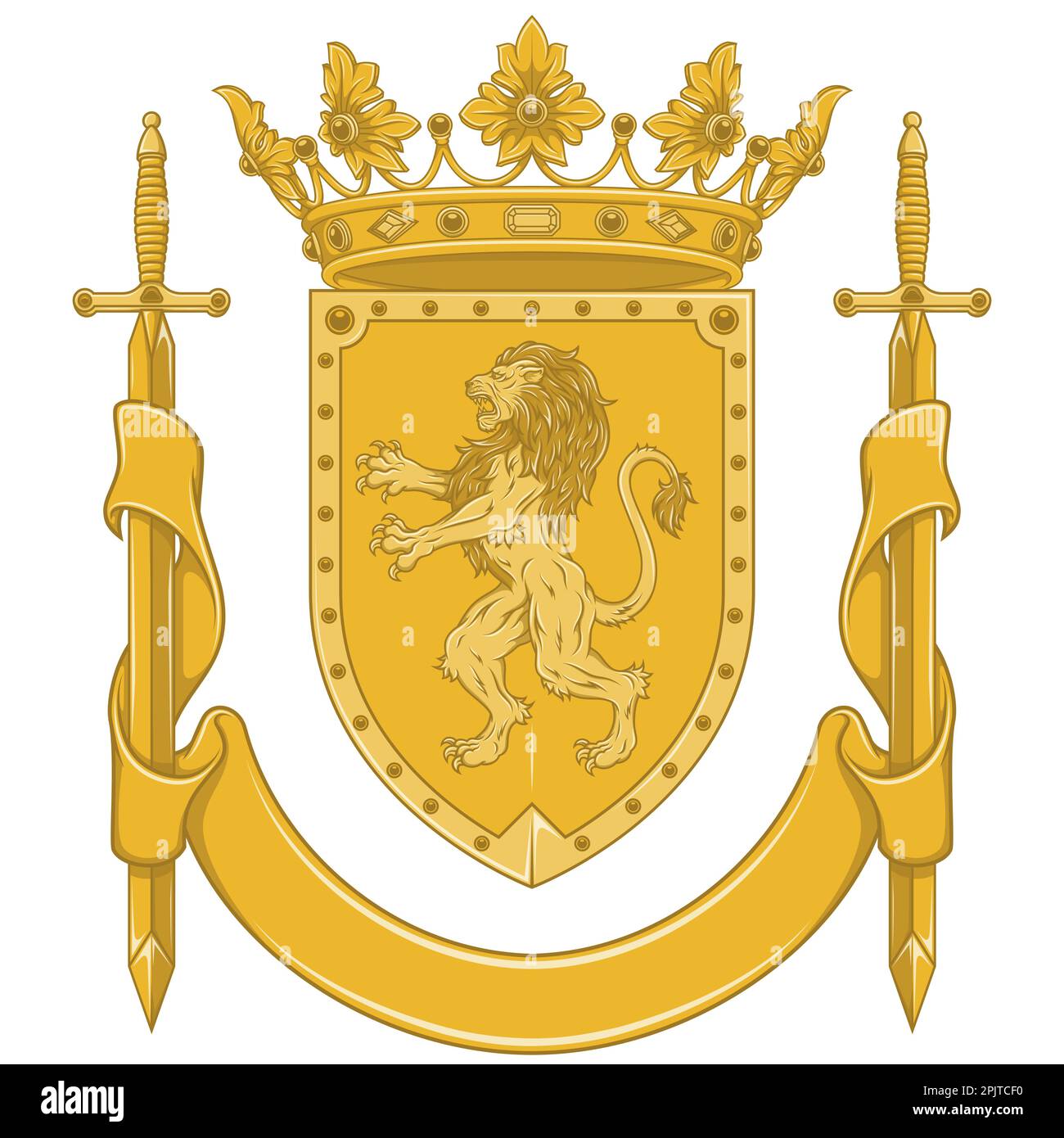 Vector design of heraldic shield of the Middle Ages, noble shield of the European monarchy with rampant lion, crowns, ribbon and swords Stock Vector