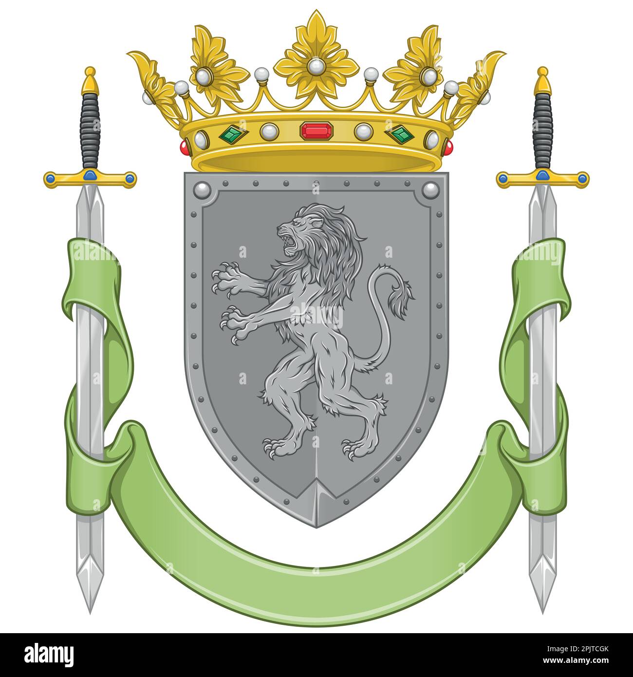 Vector design of heraldic shield of the Middle Ages, noble shield of the European monarchy with rampant lion, crowns, ribbon and swords Stock Vector