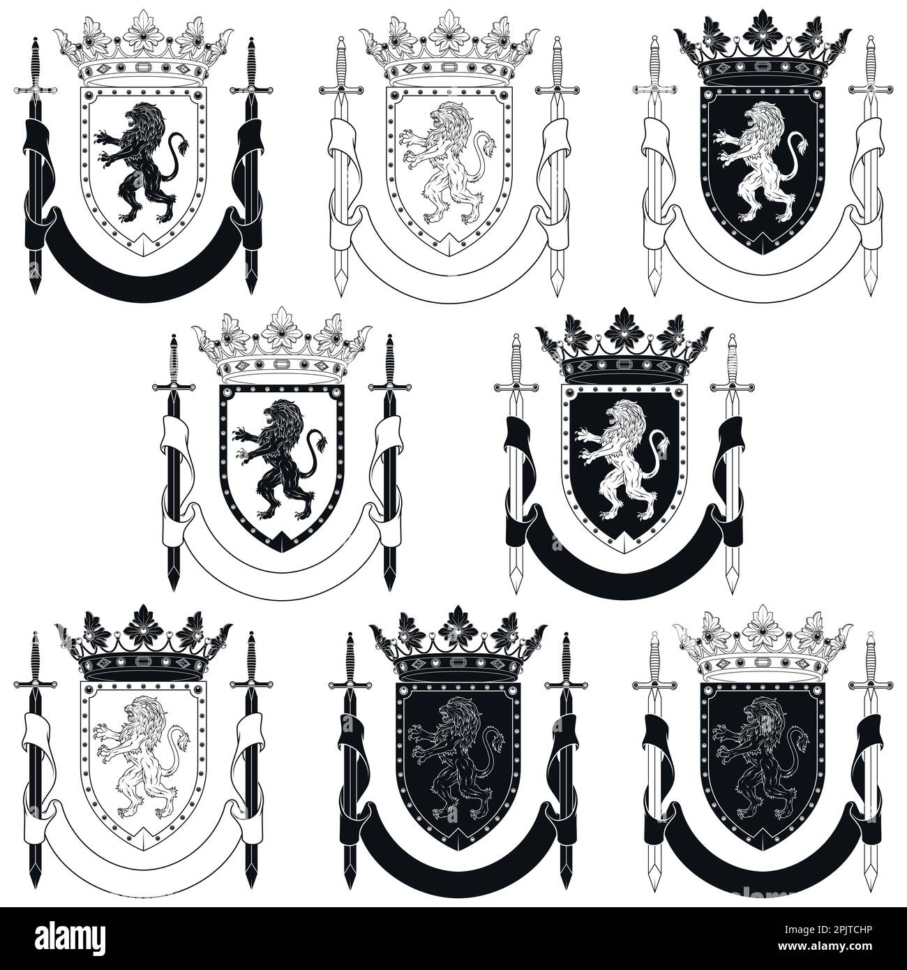 Vector design of heraldic shield of the Middle Ages, noble shield of the European monarchy with rampant lion, crowns, ribbon and swords Stock Vector