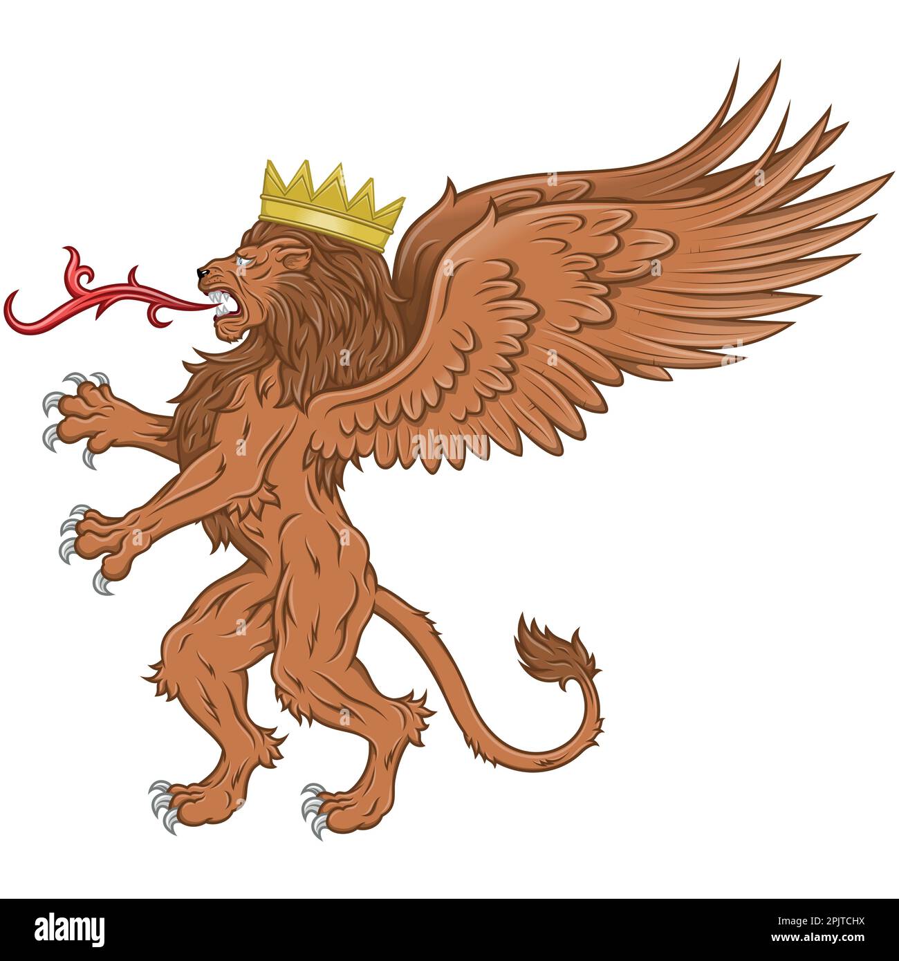 Vector design of winged rampant lion with crown, heraldic lion with wings, winged fantasy creature Stock Vector