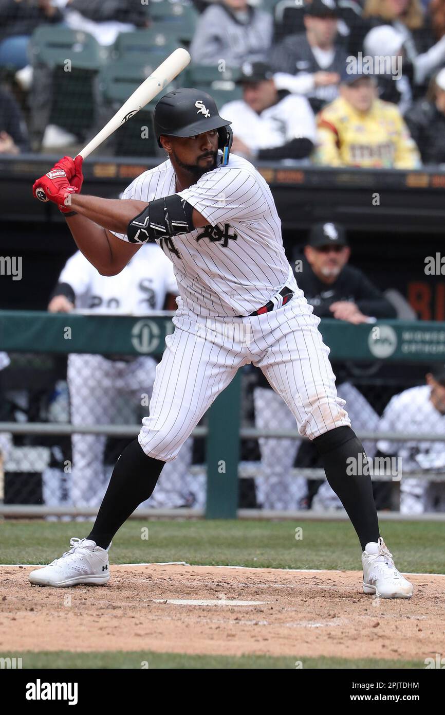 CHICAGO, IL - APRIL 03: Chicago White Sox right fielder Eloy Jimenez (74)  waits for a pitch during a Major League Baseball game between the San  Francisco Giants and the Chicago White