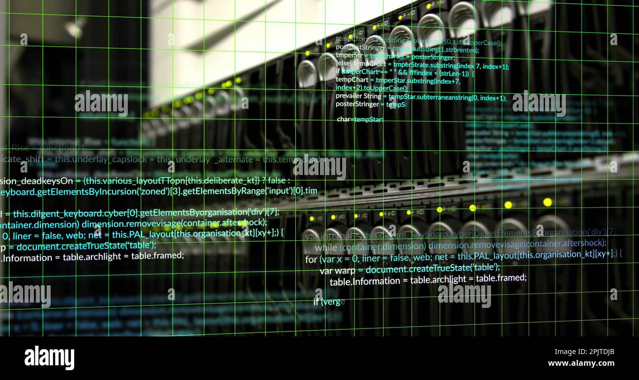 Image of data processing and squares over server room Stock Photo