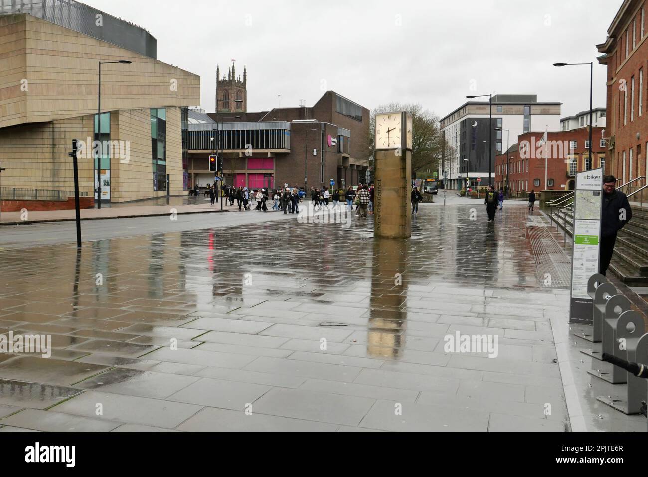 The Clock outside the council house in the centre of Derby just after the rain showing its reflection on the wet pavement. Stock Photo
