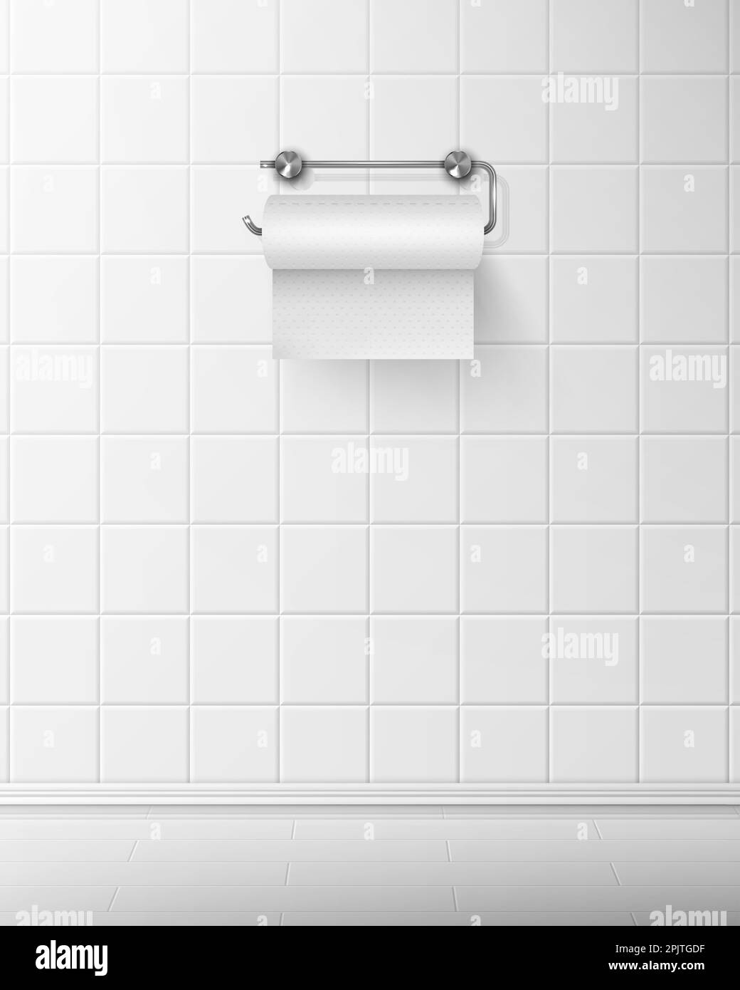Toilet paper on metal roll holder hang on white ceramic tilled wall in