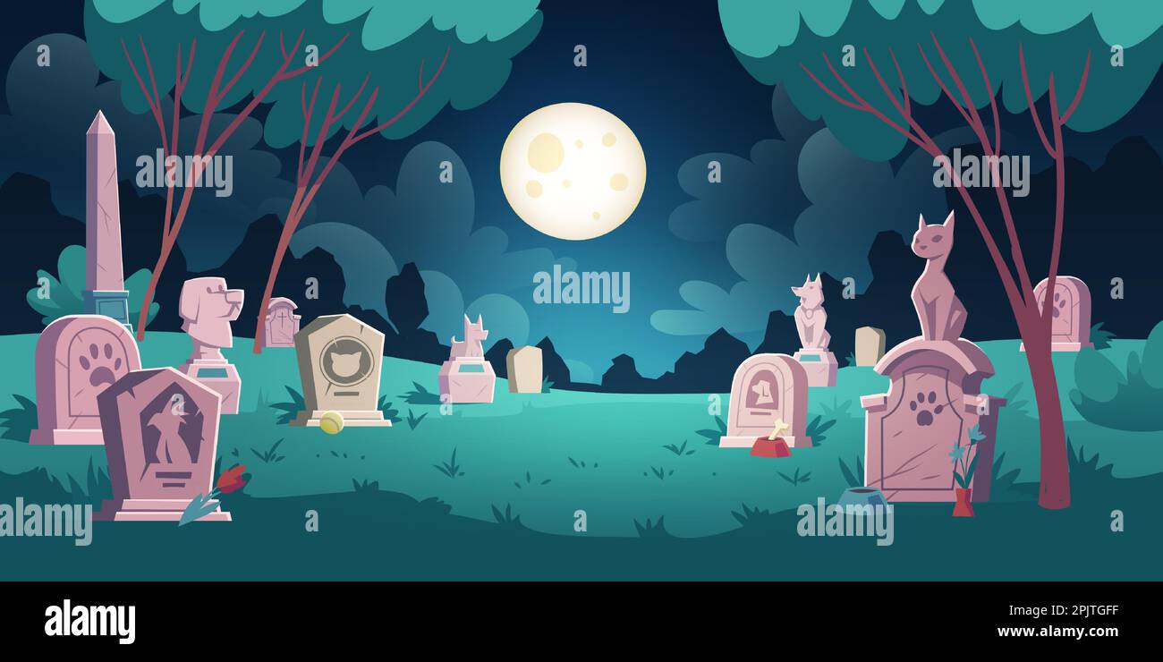 Pet cemetery with memorial tombstones, graves for dead dogs and cats. Vector cartoon night landscape with graveyard for burial animals after death. Spooky illustration for Halloween card Stock Vector