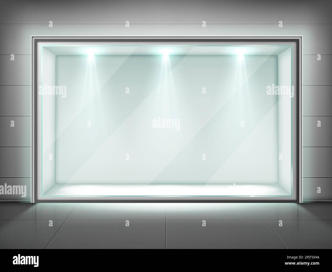 Glass wall frame, transparent showcase with spotlight illumination in empty exhibition room in museum, gallery presentation. Exposition hall interior with tiled floor, realistic 3d vector illustration Stock Vector