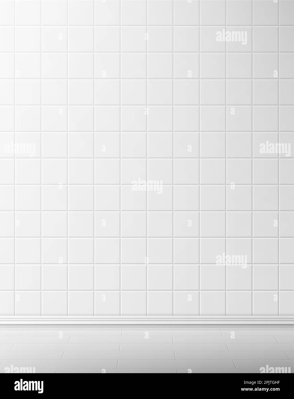 Vector white tile wall and floor in bathroom, kitchen or toilet. Realistic 3d interior of empty clean room with square mosaic surface. Illustration of ceramic tiled washroom Stock Vector