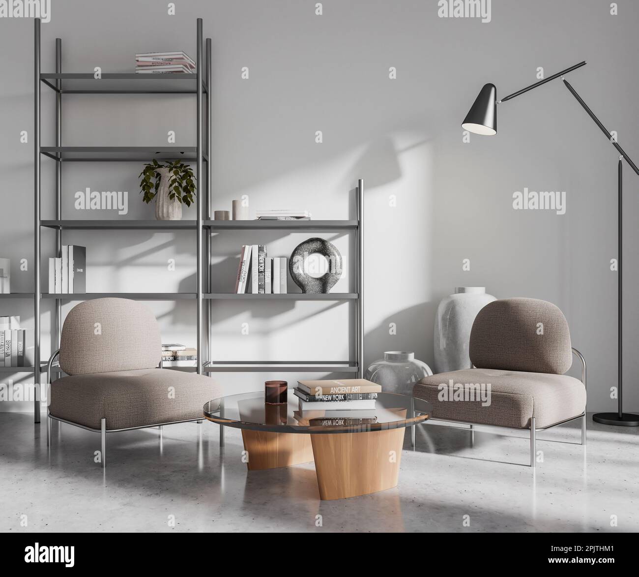 White living room interior with two armchairs and glass coffee table ...