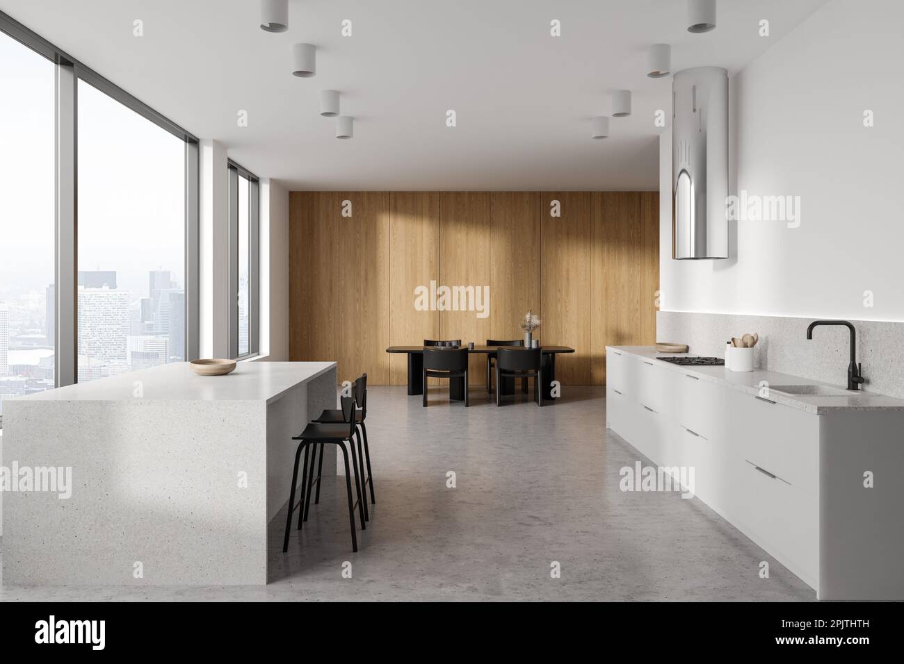 Interior of stylish kitchen with white and wooden walls, white
