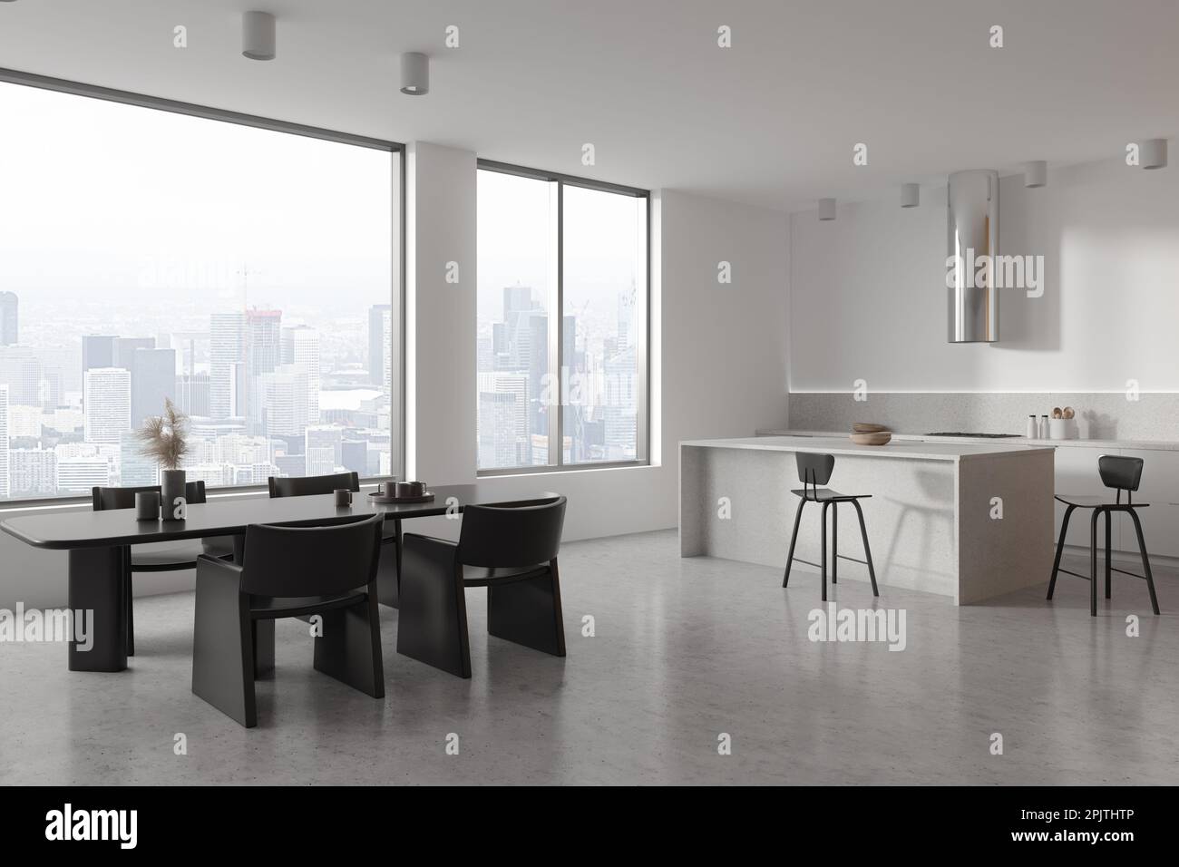 White home kitchen interior with cooking and dining corner, bar island with chairs. Modern eating space design, grey concrete floor. Panoramic window Stock Photo