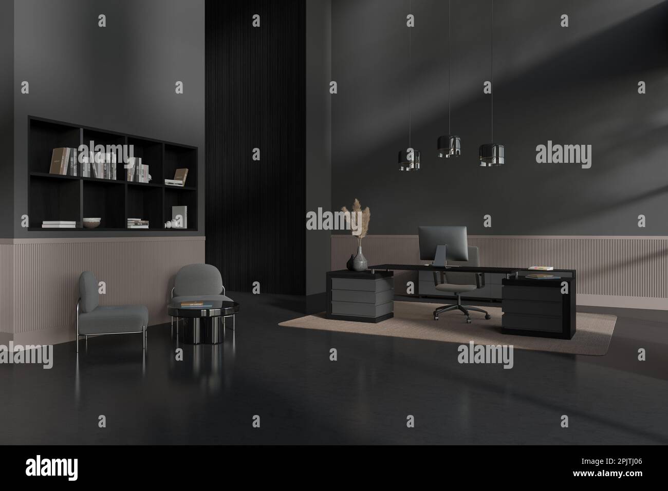 Dark business room interior with meeting zone and armchairs, side view ...
