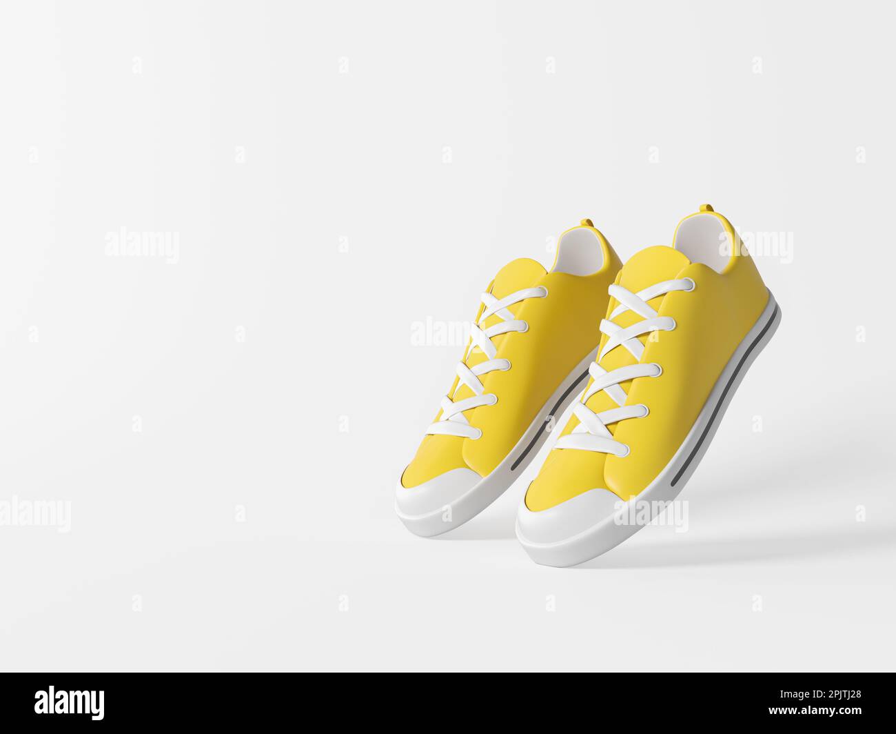 Pair of yellow sneakers on empty white copy space background. Concept of running, activity and sports fashion shoes. 3d rendering, illustration Stock Photo