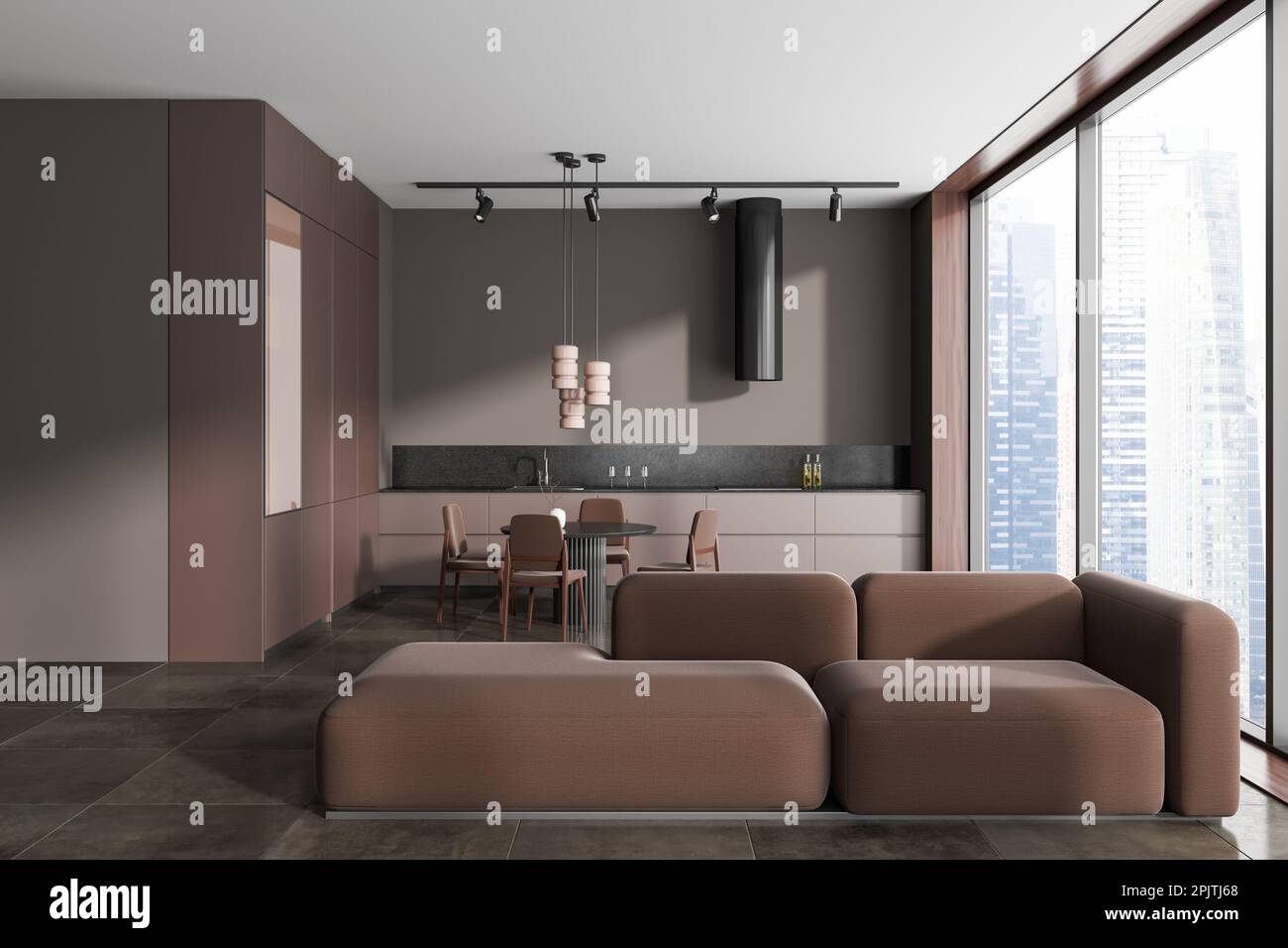 Interior of modern living room with gray walls, tiled floor