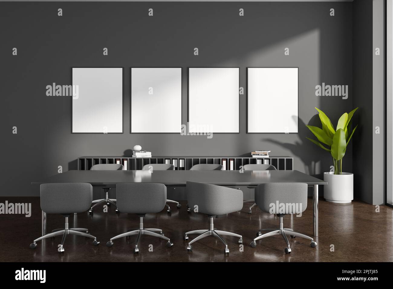 Conference Zone Dark office interior with meeting table, armchairs and shelf with ...
