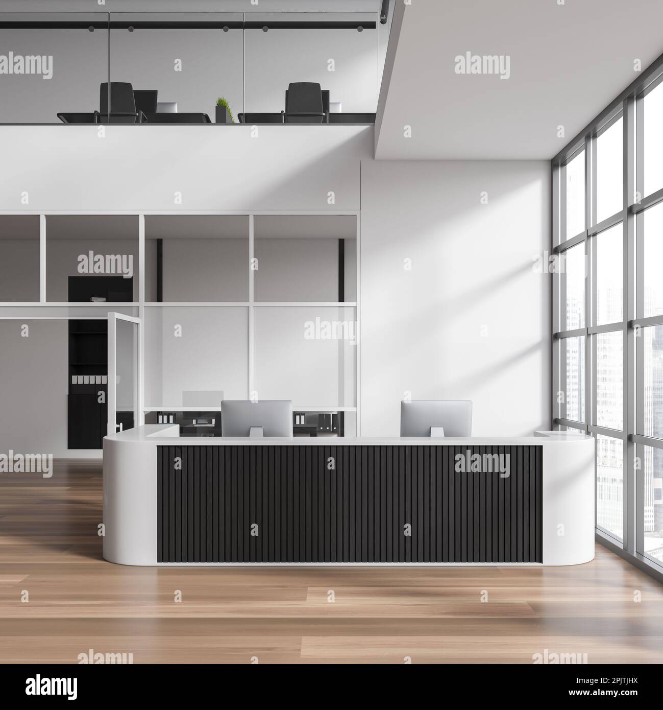 White office room interior with reception desk and pc computers. Two