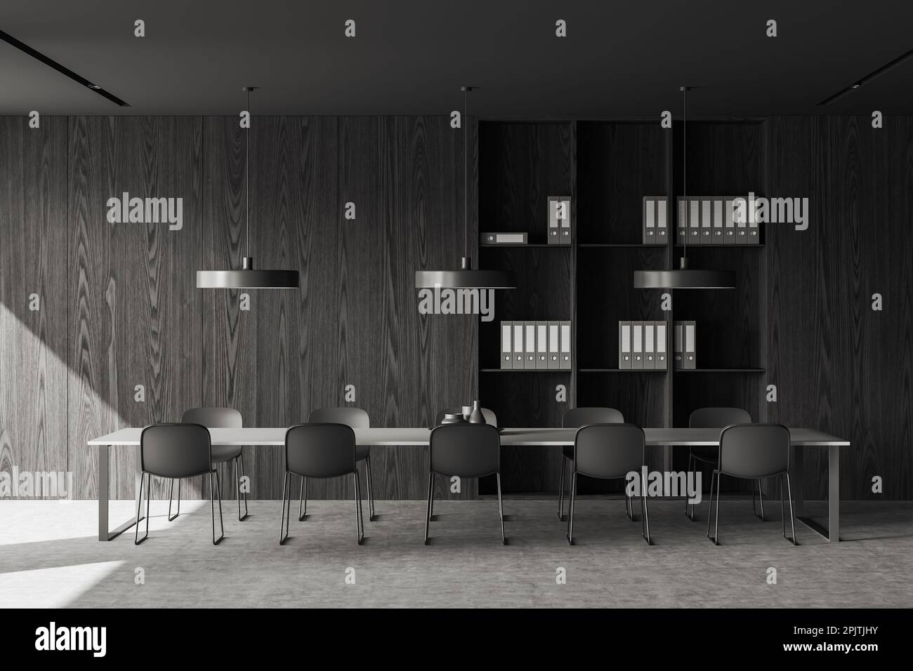 Dark wooden office interior with conference board and shelf with