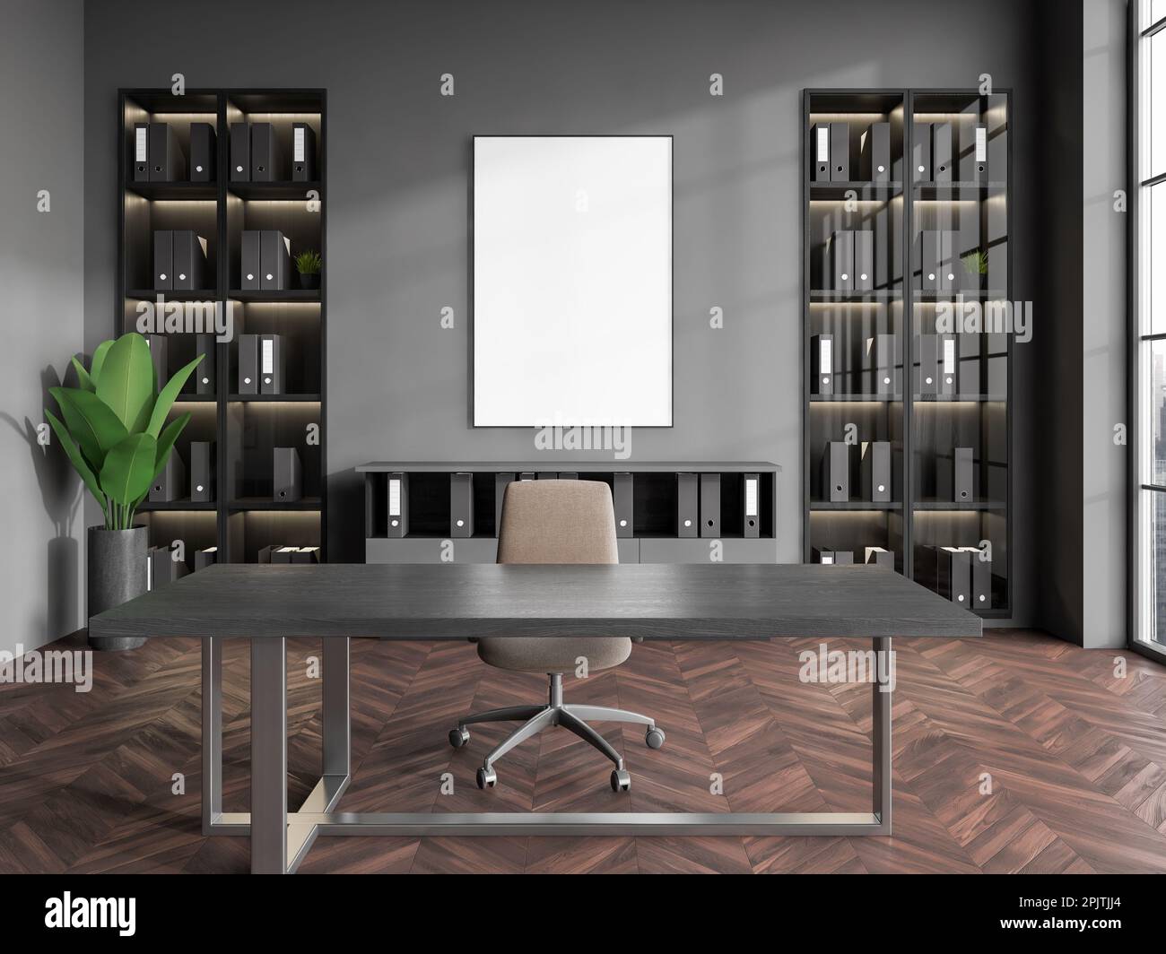 Interior Of Stylish CEO Office With Gray Walls Wooden Floor Dark interior-of-stylish-ceo-office-with-gray-walls-wooden-floor-dark