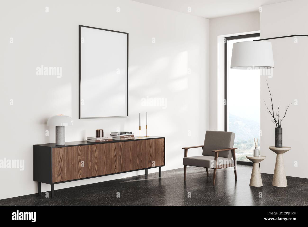 White living room interior with armchair, side view sideboard and art