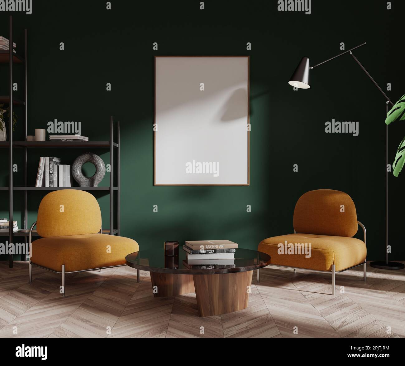 Interior of modern living room with dark green walls, wooden floor, two ...