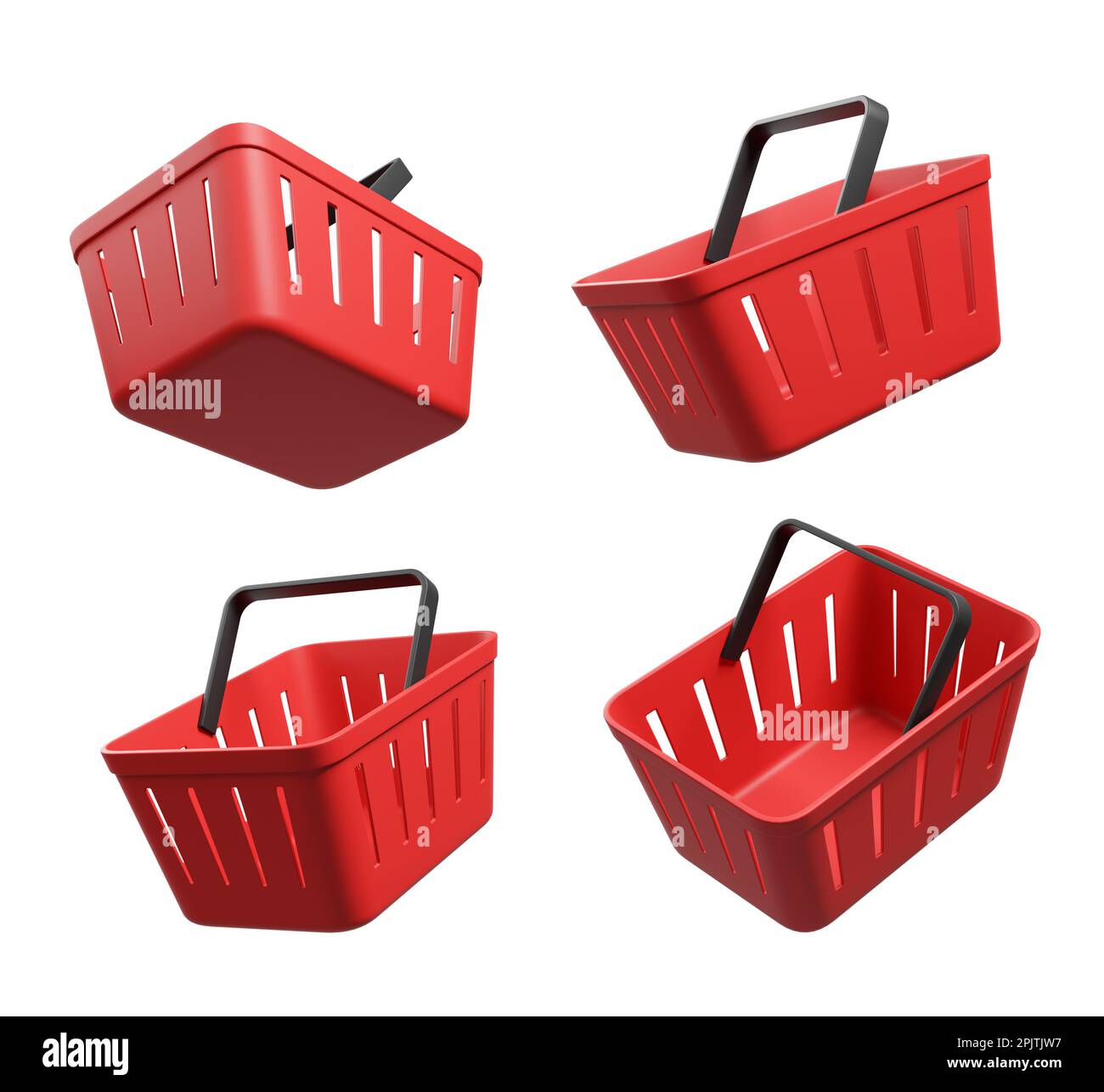 Empty four red shopping baskets on white background, from different